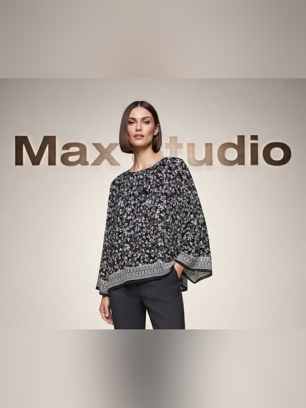 Authentic Max Studio designer black & white Floral blouse top shirt sz M
